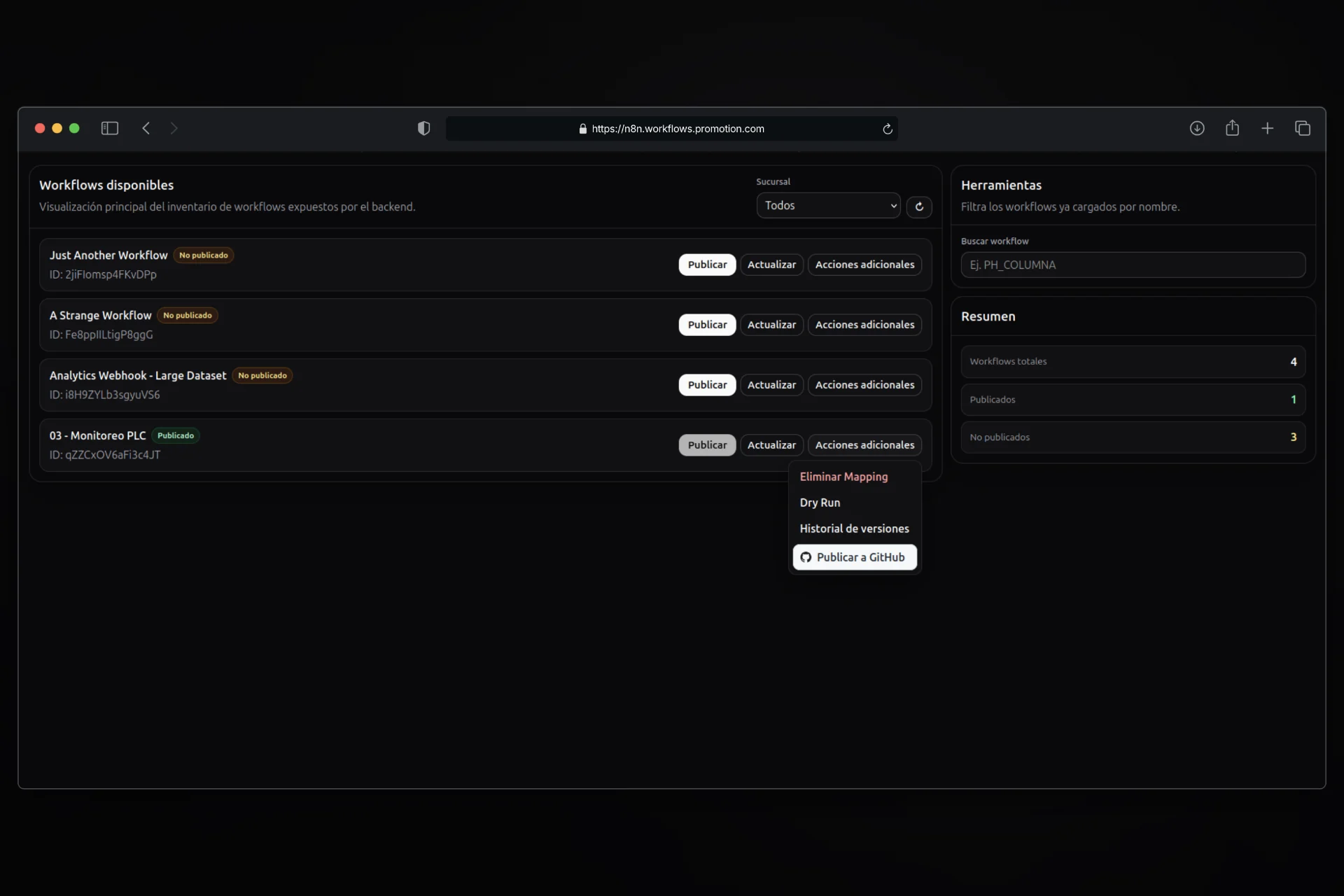 Captura de pantalla del proyecto Promoción de workflows entre ambientes